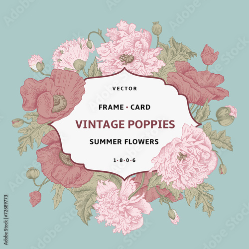 Fototapeta Naklejka Na Ścianę i Meble -  Vintage floral frame with pink poppies