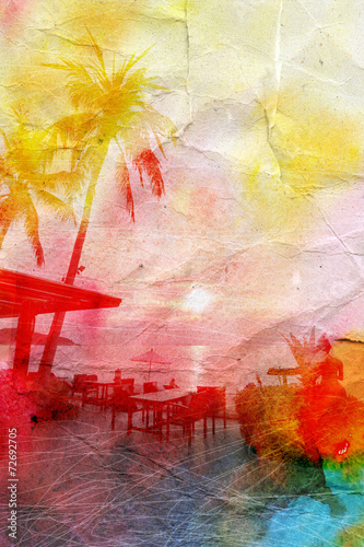 watercolor landscape with palm trees retro