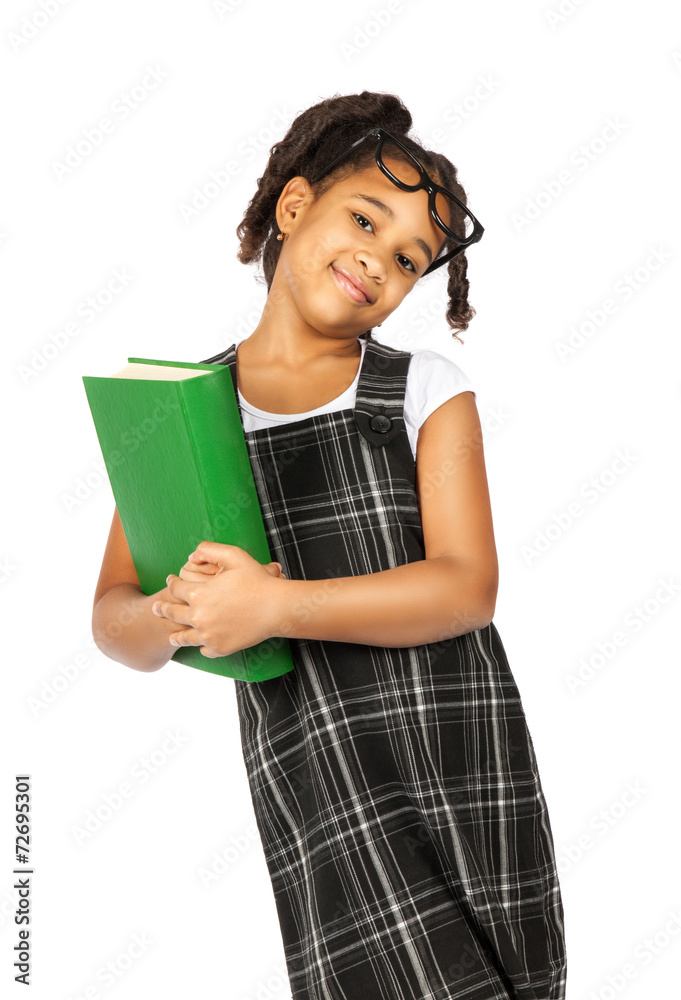 smart girl with big green book is standing on a white background smart girl with big green book is standing on a white background