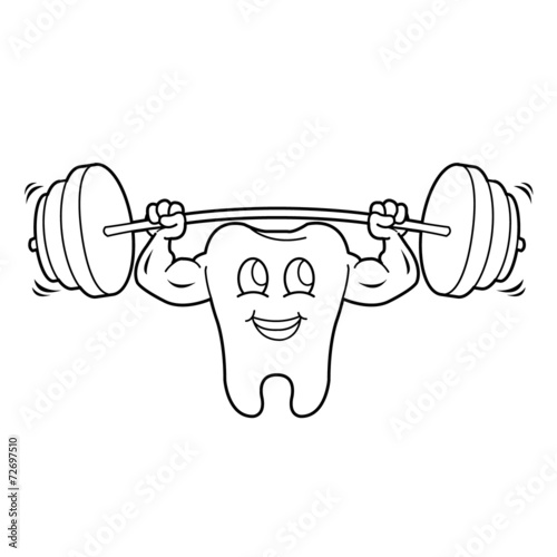 outline of Cartoon Tooth Character Lifting Weights vector
