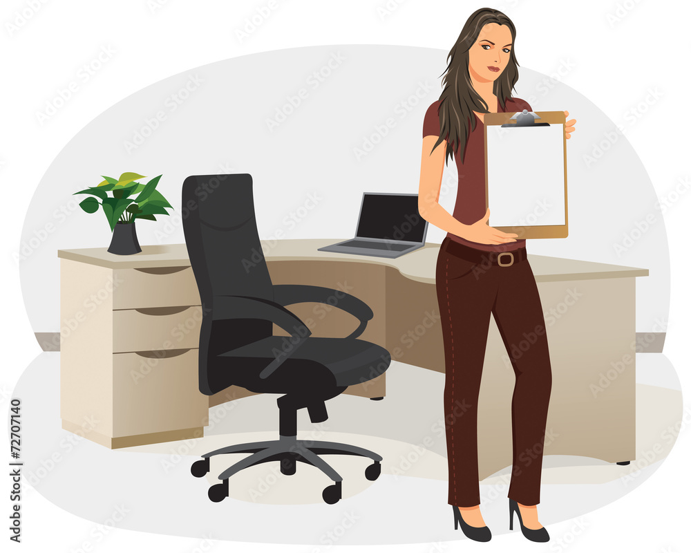 Businesswoman in an office showing blank clipboard Businesswoman in an office showing blank clipboard