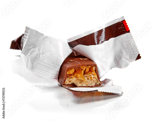 closeup of chocolate bar isolated on white background photo