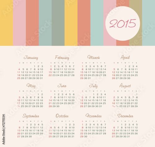 Calendar 2015 year with colored lines