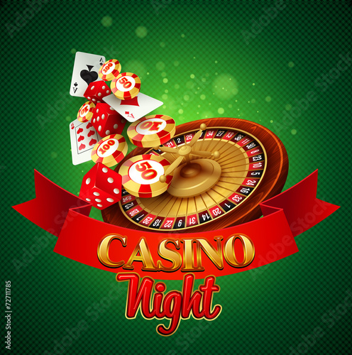 Casino background with cards, chips, craps and roulette.