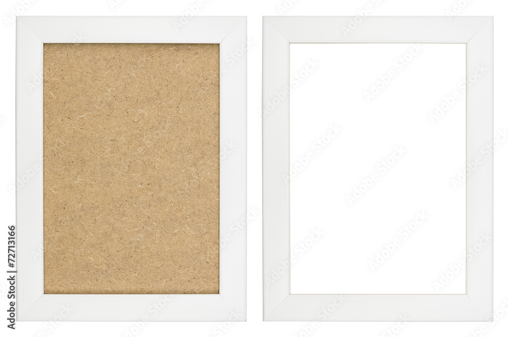 Fototapeta premium wooden white picture frame with and without fiberboard backgroun