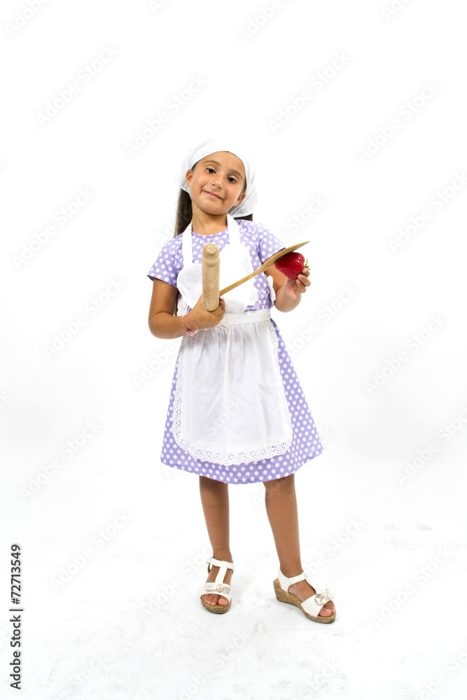 Small smiling chef with kitchen utensils and strawberry Small smiling chef with kitchen utensils and strawberry