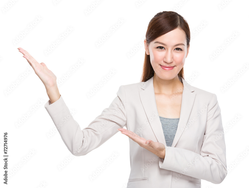 Businesswoman with two hand show with blank sign Businesswoman with two hand show with blank sign