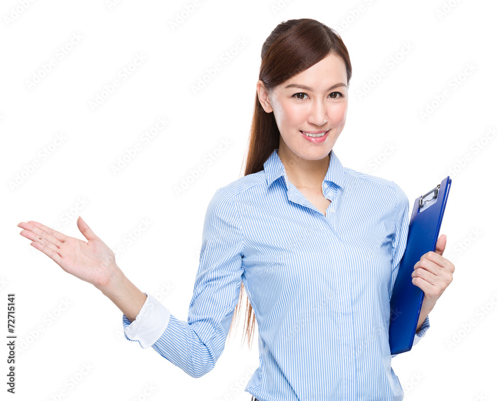 Businesswoman with with clipboard and hand show with bank sign Businesswoman with with clipboard and hand show with bank sign