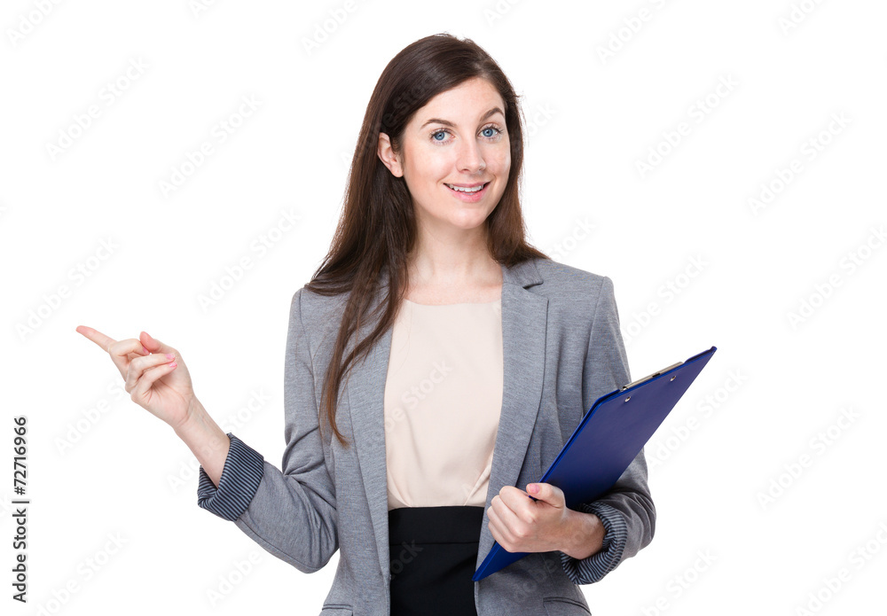Businesswoman with clipboard and finger show out Businesswoman with clipboard and finger show out