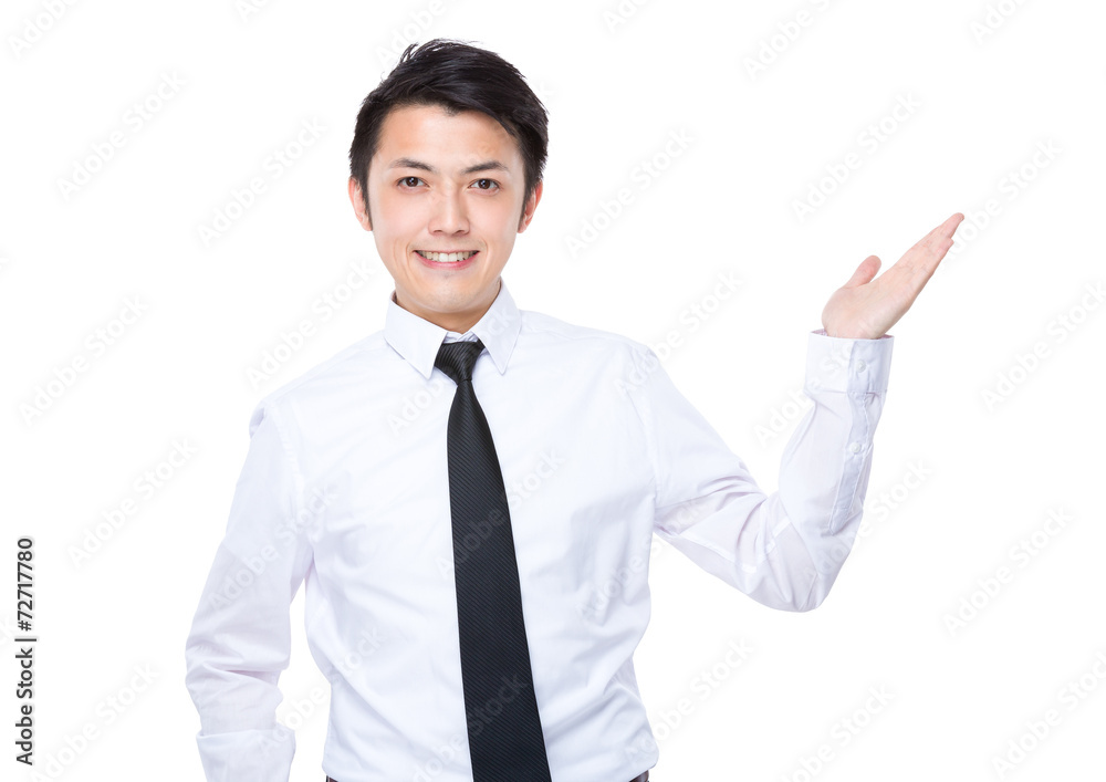 Businessman with hand show with blank sign Businessman with hand show with blank sign