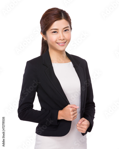 Woman with hand hold on collar