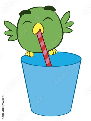 Adorable cartoon bird drinking through a straw