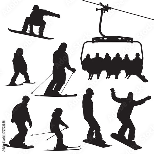 Ski snowboarding people and kids vector illustration set