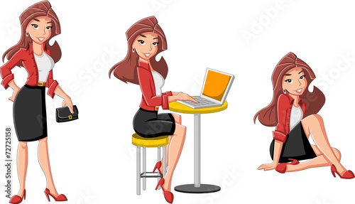 Beautiful cartoon business woman with computer