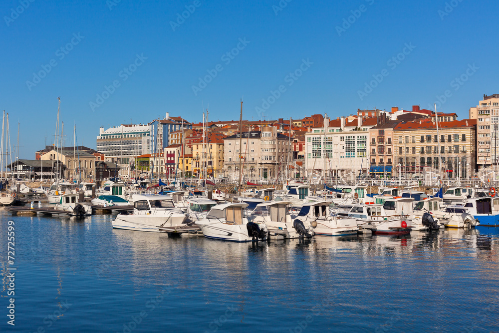 View on Old Port of Gijon and Yachts, Asturias, Northern Spain
