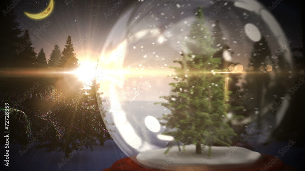 Christmas tree inside snow globe with magic greeting in french