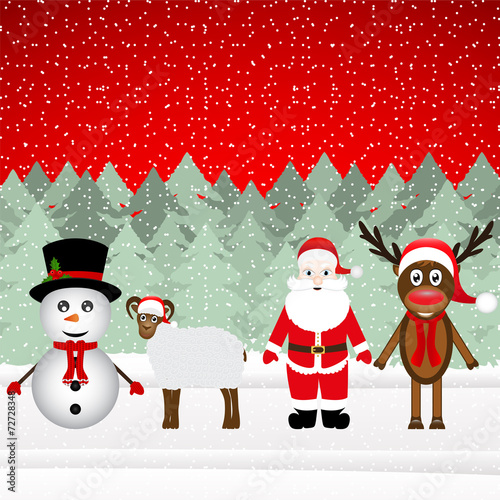 Santa Claus, reindeer, snowman and sheep in the Christmas forest