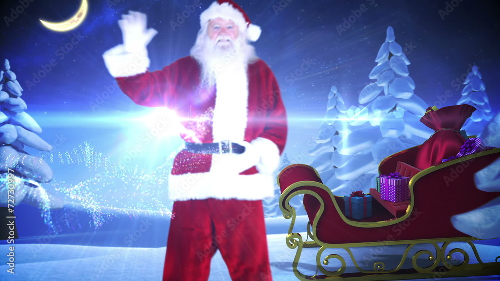 Santa and his sled with magical christmas greeting