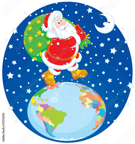 Santa Claus going on the globe with his bag of gifts
