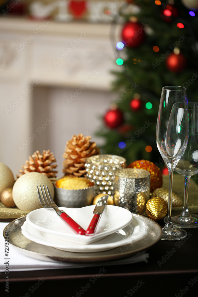 Serving Christmas table in room Serving Christmas table in room