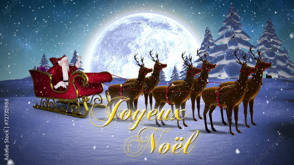 Santa waving in his sleigh with reindeer and greeting