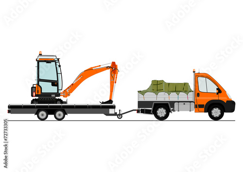 Truck and trailer with an excavator. Side view. Flat vector.
