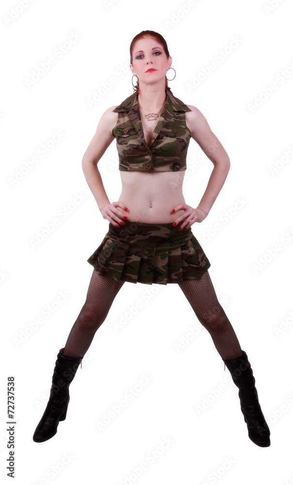 Red Headed Woman In Camouflage Outfit Standing Red Headed Woman In Camouflage Outfit Standing