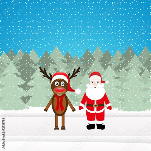 Christmas reindeer and Santa Claus in forest