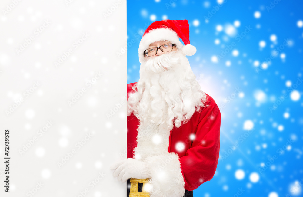 man in costume of santa claus with billboard