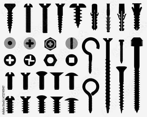 Silhouettes of wall plugs, bolts, nuts and screws photo