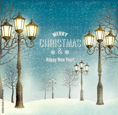 Christmas evening landscape with vintage lampposts. Vector.
