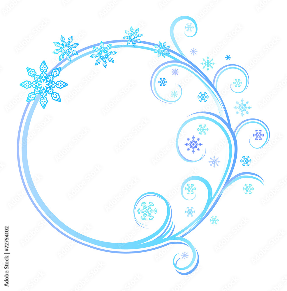 Round bkue frame with snowflakes