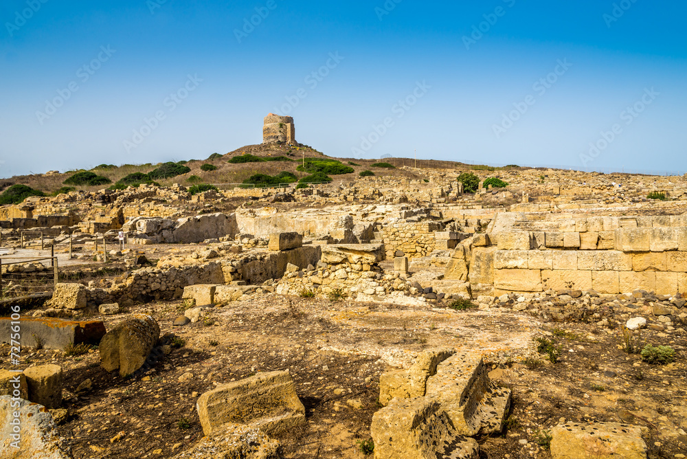 Watchtower and ruins of ancient Tharros in Sardinia