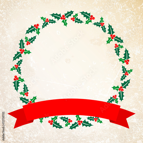 Christmas Wreath Holly Banner Grunge