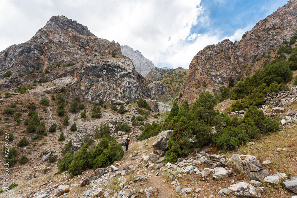 Hiker in high mountains.