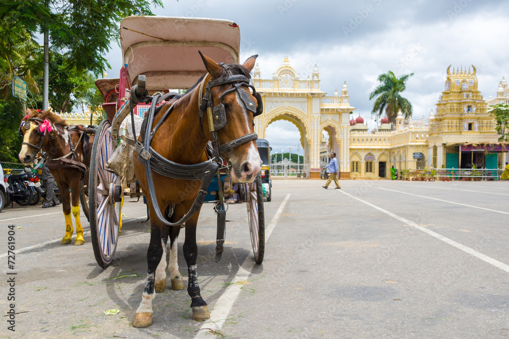 A horse and cart outside the Mysore Palace A horse and cart outside the Mysore Palace