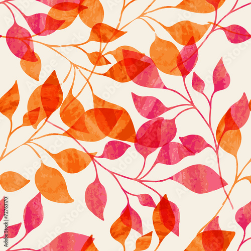 Watercolor seamless pattern with pink and orange autumn leaves.