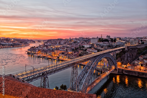 Portugal, Porto, Luis I Bridge on a sunset, top view