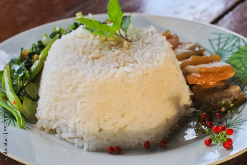 Pork stew with rice and vegetables,Thai fast food Pork stew with rice and vegetables,Thai fast food