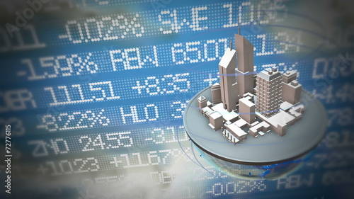 Urban world at stock market background. Loop animation.