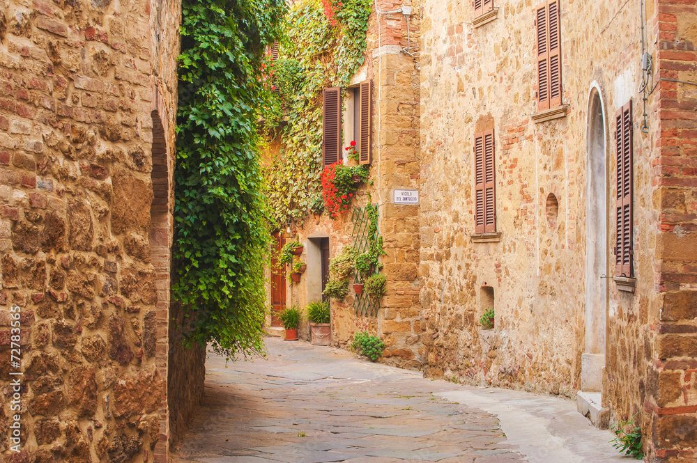 Twisted medieval streets with colorful flowers and green plants
