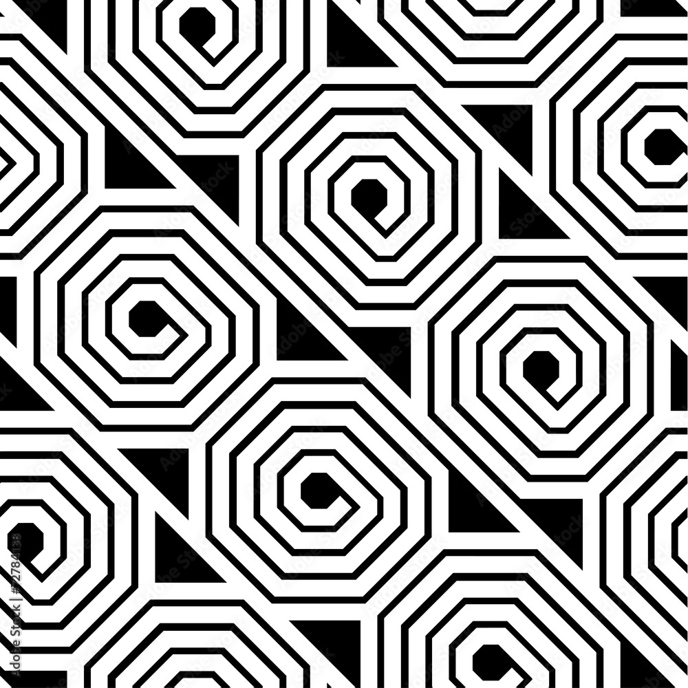 Abstract Black and White Octagon Spiral Vector Seamless Pattern