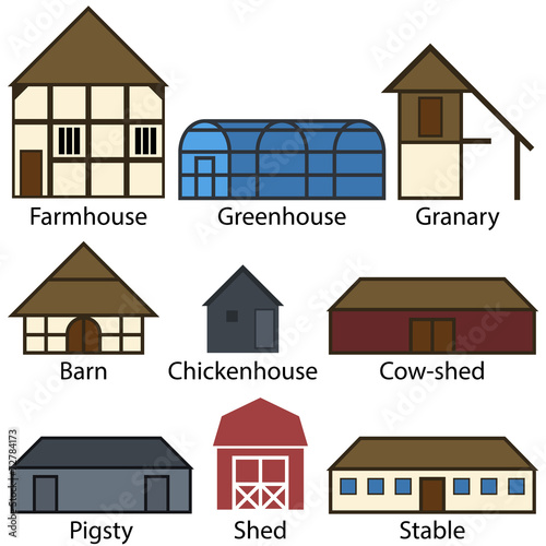 Farm Buildings Flat Icons, Vector Illustration