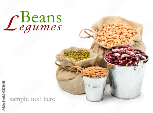 Canvas-taulu chick-pea, mung beans, kidney-beans in the sacks isolated on whi