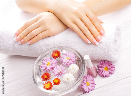 french manicure with colorful chrysanthemum