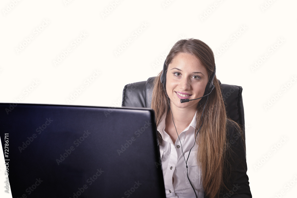 Female customer support operator with headset and smiling Female customer support operator with headset and smiling