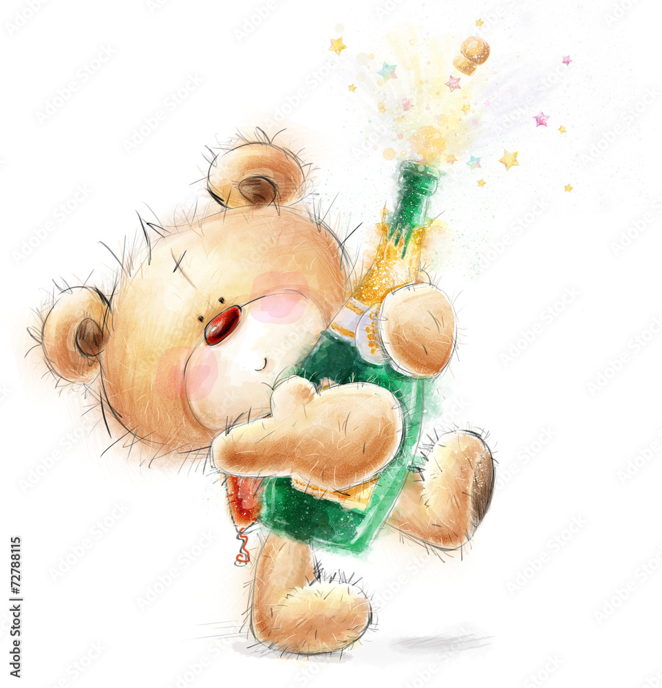 Cute Teddy Bear with the bottle of close -up champagne Stock ...