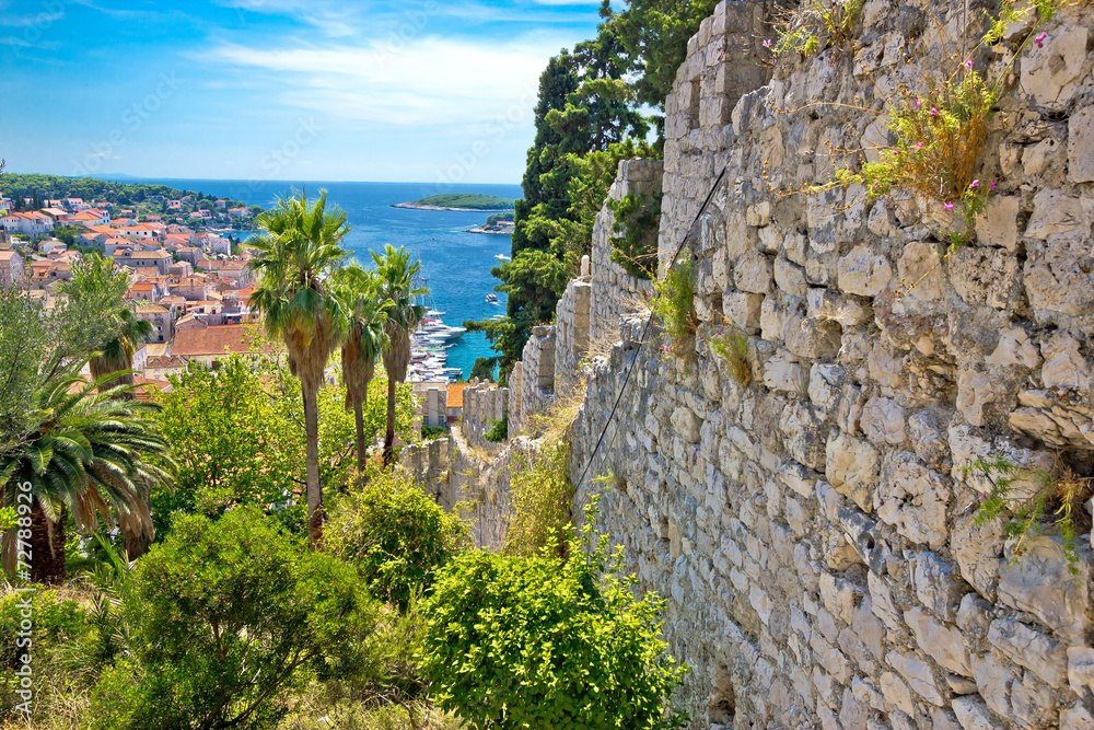 Famous Hvar island wall and harbor view
