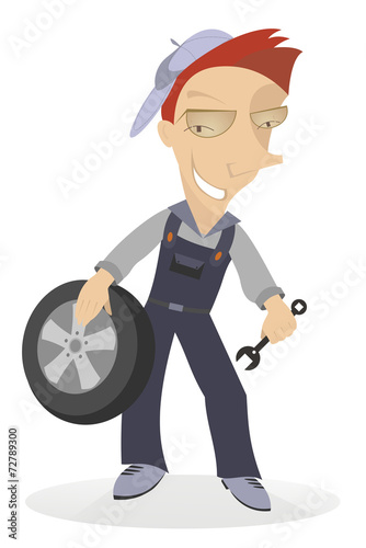 Cartoon mechanic holds the car wheel