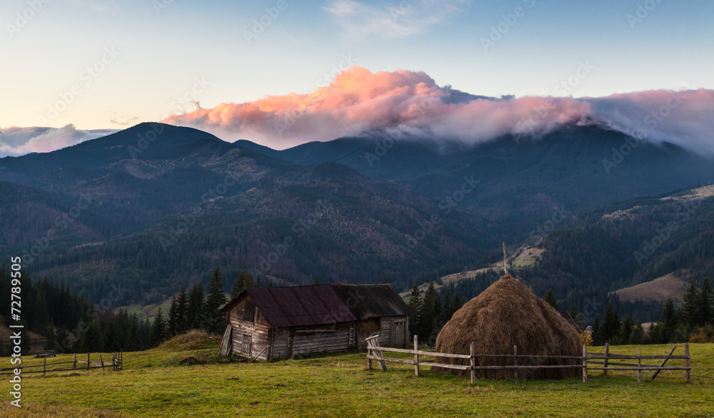 Beautiful autumn landscape in mountains Karpaty in the forest